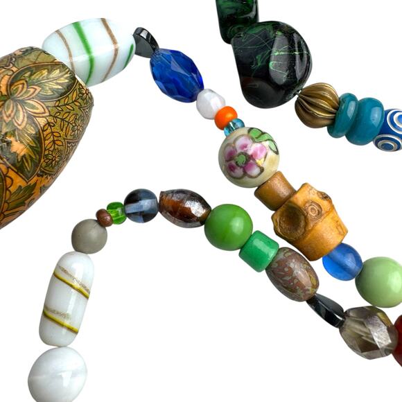 Eclectic Artisan Beaded Necklace Mixed Media Glass Wood Ceramic Funky Boho - Picture 5 of 13